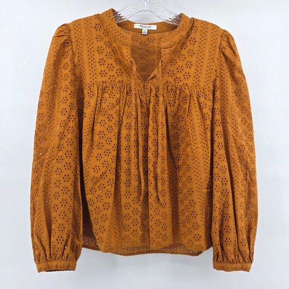 Madewell Tops - Madewell Eyelet Blouse XS Mustard Yellow Tie Neck Puff Sleeve Boho Eclectic